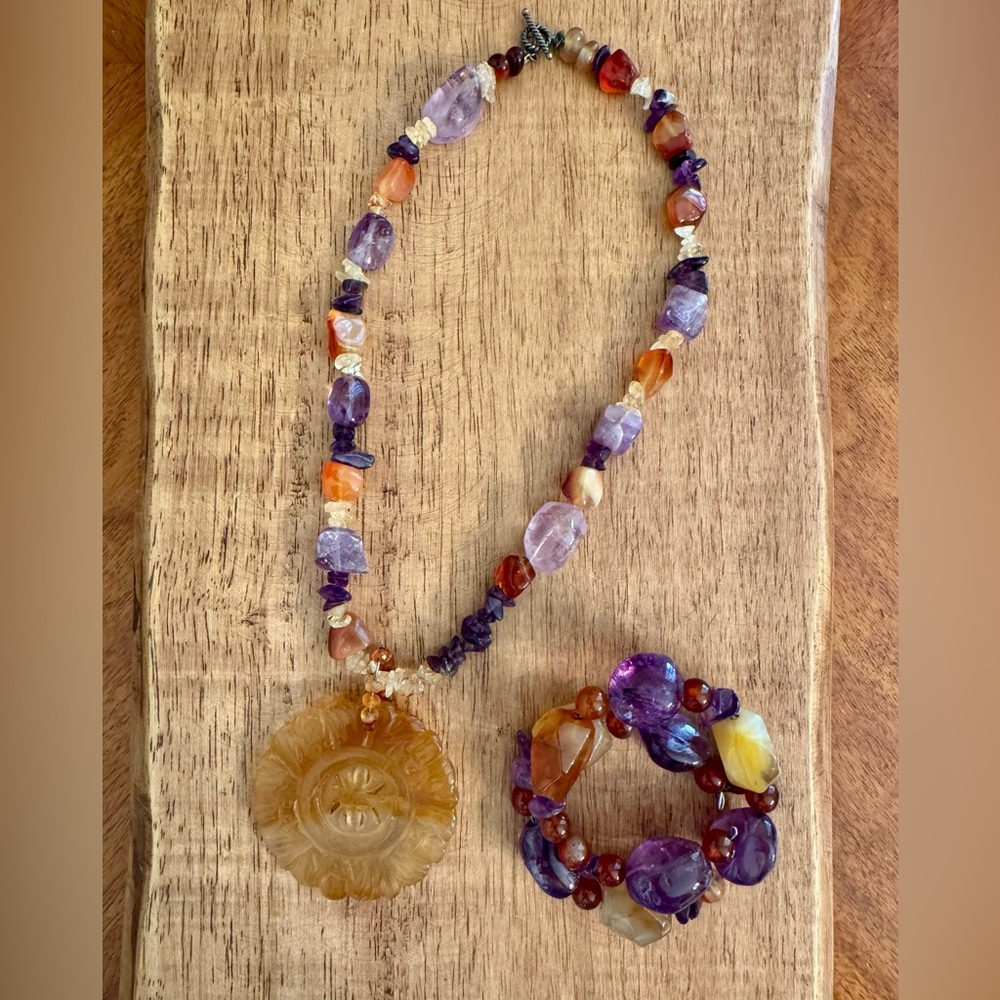 Carnelian & Amethyst Natural Stone Beaded Necklace & Wrap Bracelet Jewelry Set